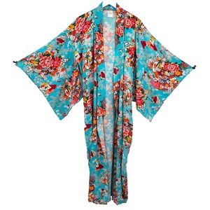 Vintage Made in Japan Kimono Maxi Size L XL Floral‎ No Belt Romantic Artsy Boho